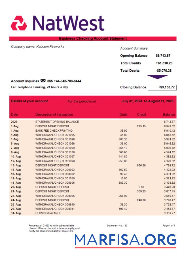 Blank NatWest Bank enterprise account statement Word and PDF template
